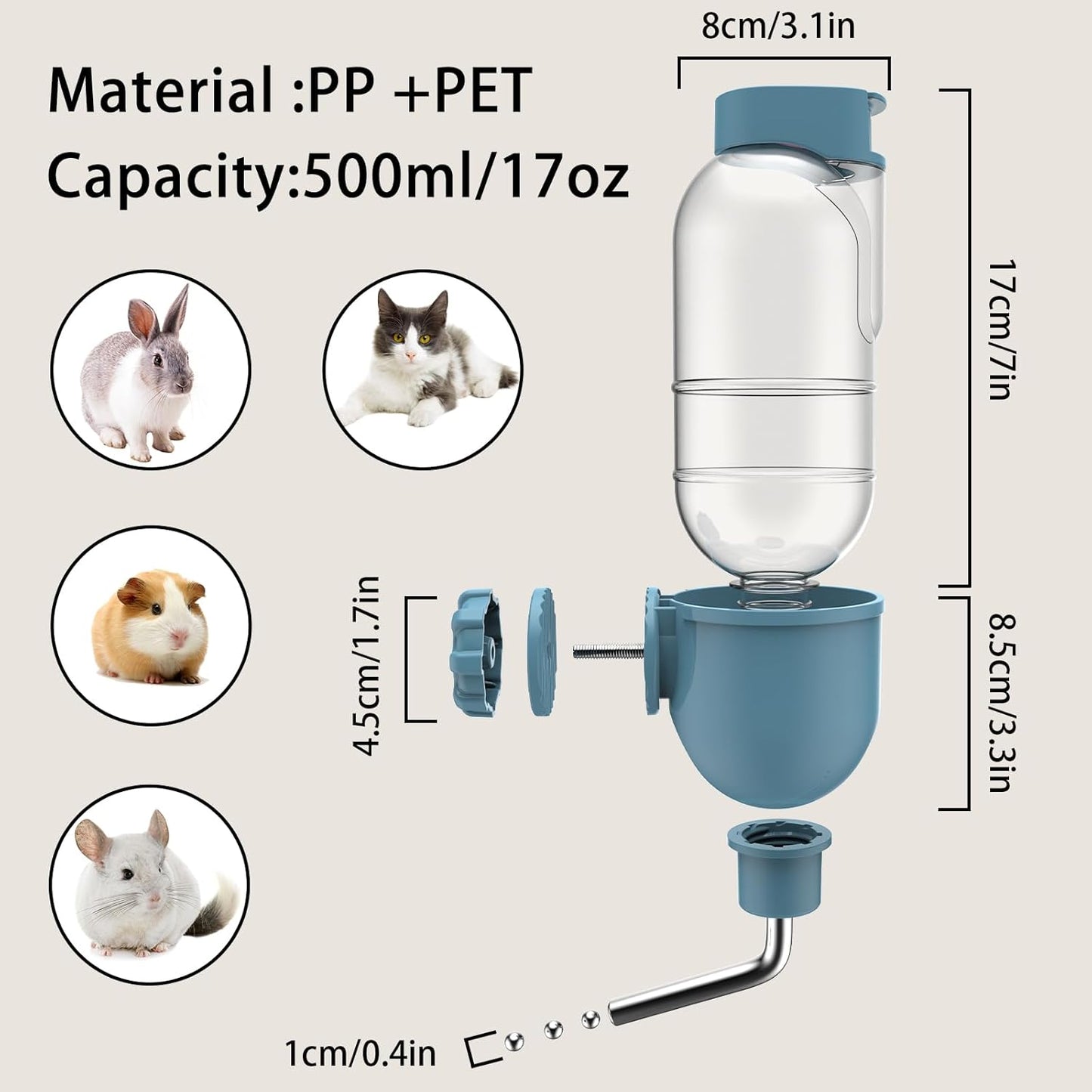 Pet Water Bottle For Cage Crate Water Dispenser For Small Animal Rabbit Guinea Pig Chinchilla Ferret Squirrel Hedgehog